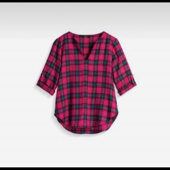 Renee C. Christopher Split Neck Top XS plaid 3/4 length - Picture 3 of 3